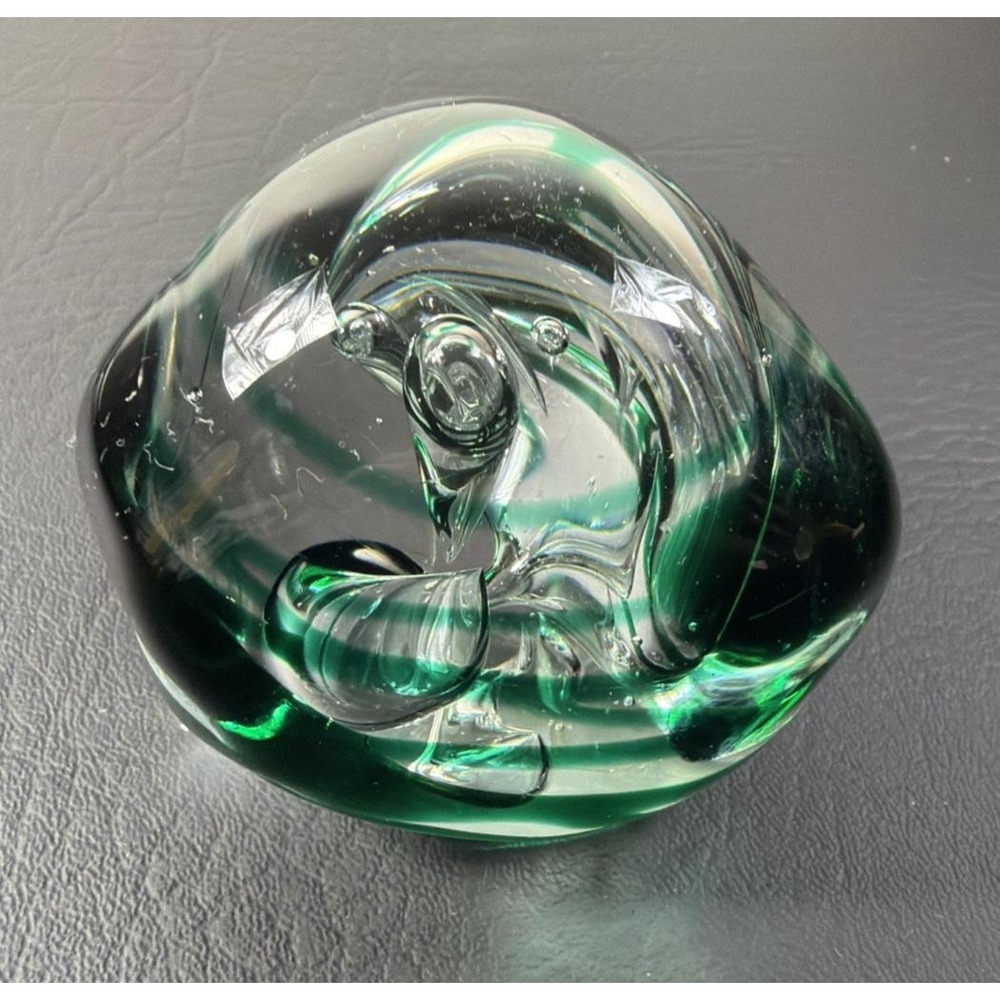 Vtg Signed Rollin Karg Glass Works Art Glass Paperweight Emerald Green Abstract